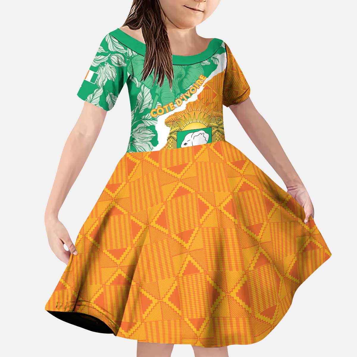 Personalised Ivory Coast Kid Short Sleeve Dress Elephant With Coat Of Arms