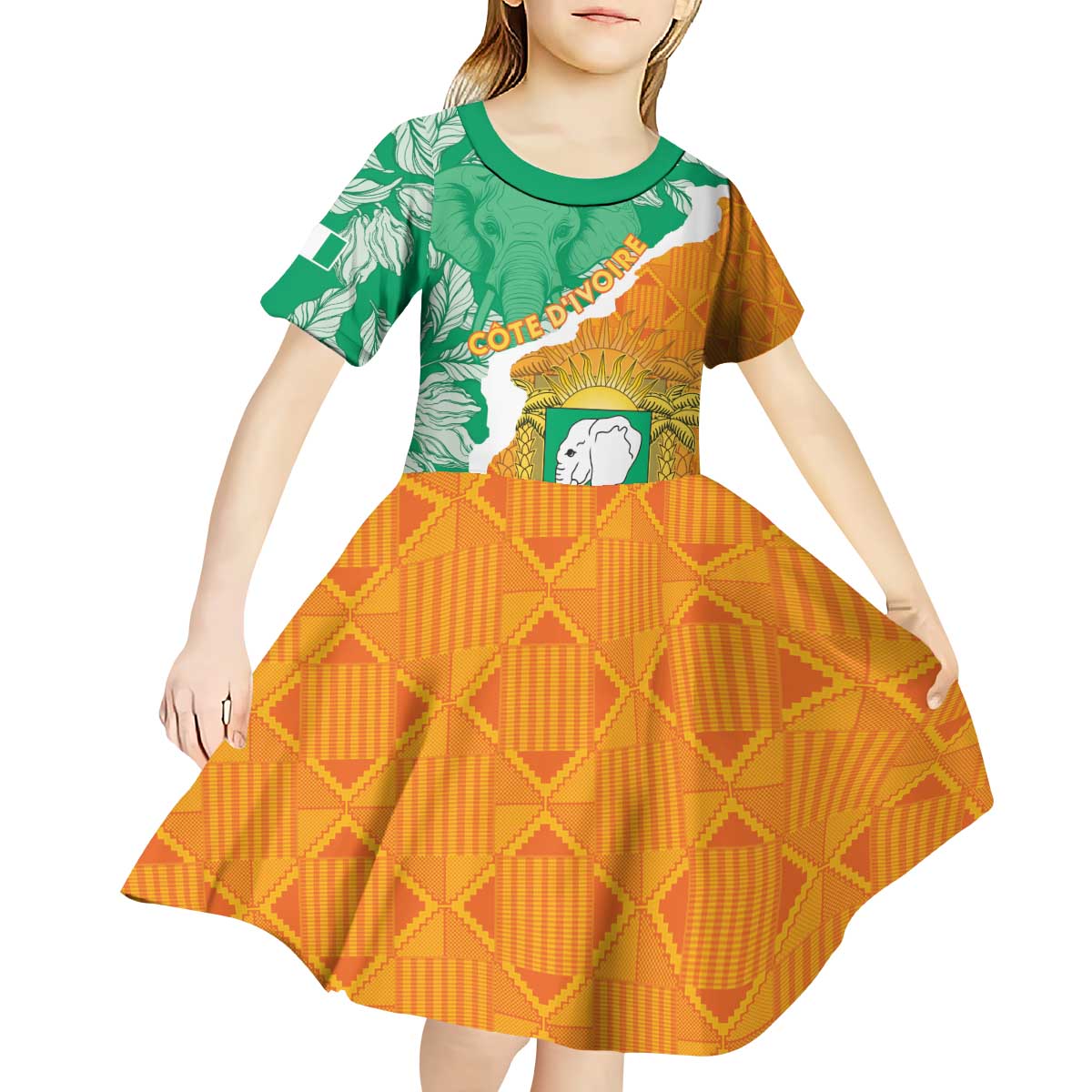 Personalised Ivory Coast Kid Short Sleeve Dress Elephant With Coat Of Arms