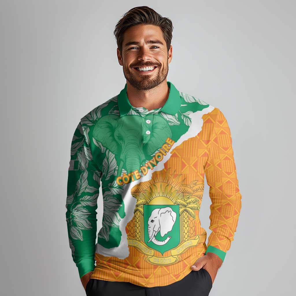 Personalised Ivory Coast Long Sleeve Polo Shirt Elephant With Coat Of Arms - Wonder Print Shop