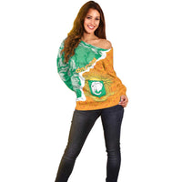 Personalised Ivory Coast Off Shoulder Sweater Elephant With Coat Of Arms - Wonder Print Shop