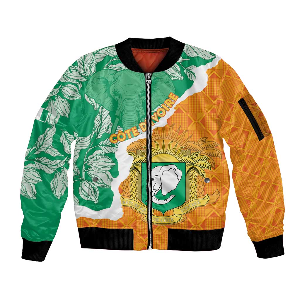 Personalised Ivory Coast Sleeve Zip Bomber Jacket Elephant With Coat Of Arms - Wonder Print Shop
