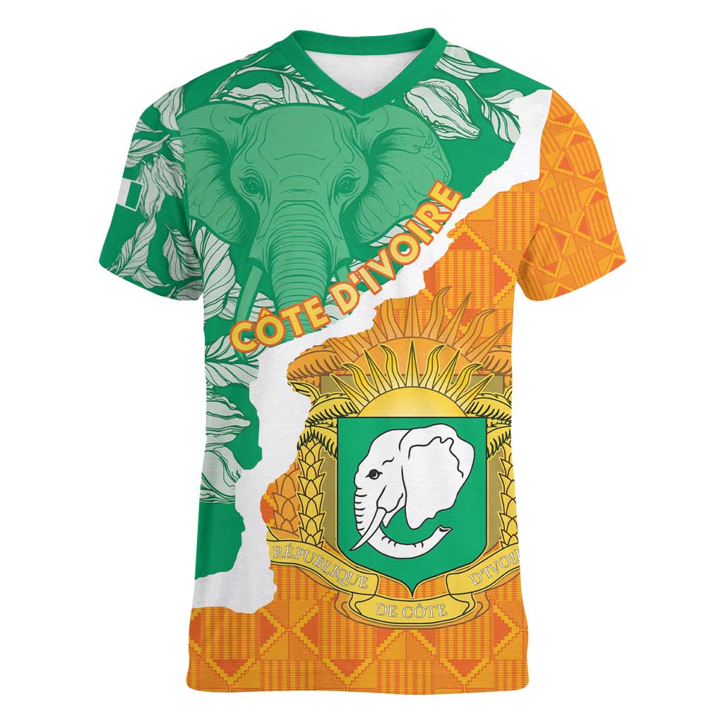Personalised Ivory Coast Women V-Neck T-Shirt Elephant With Coat Of Arms - Wonder Print Shop
