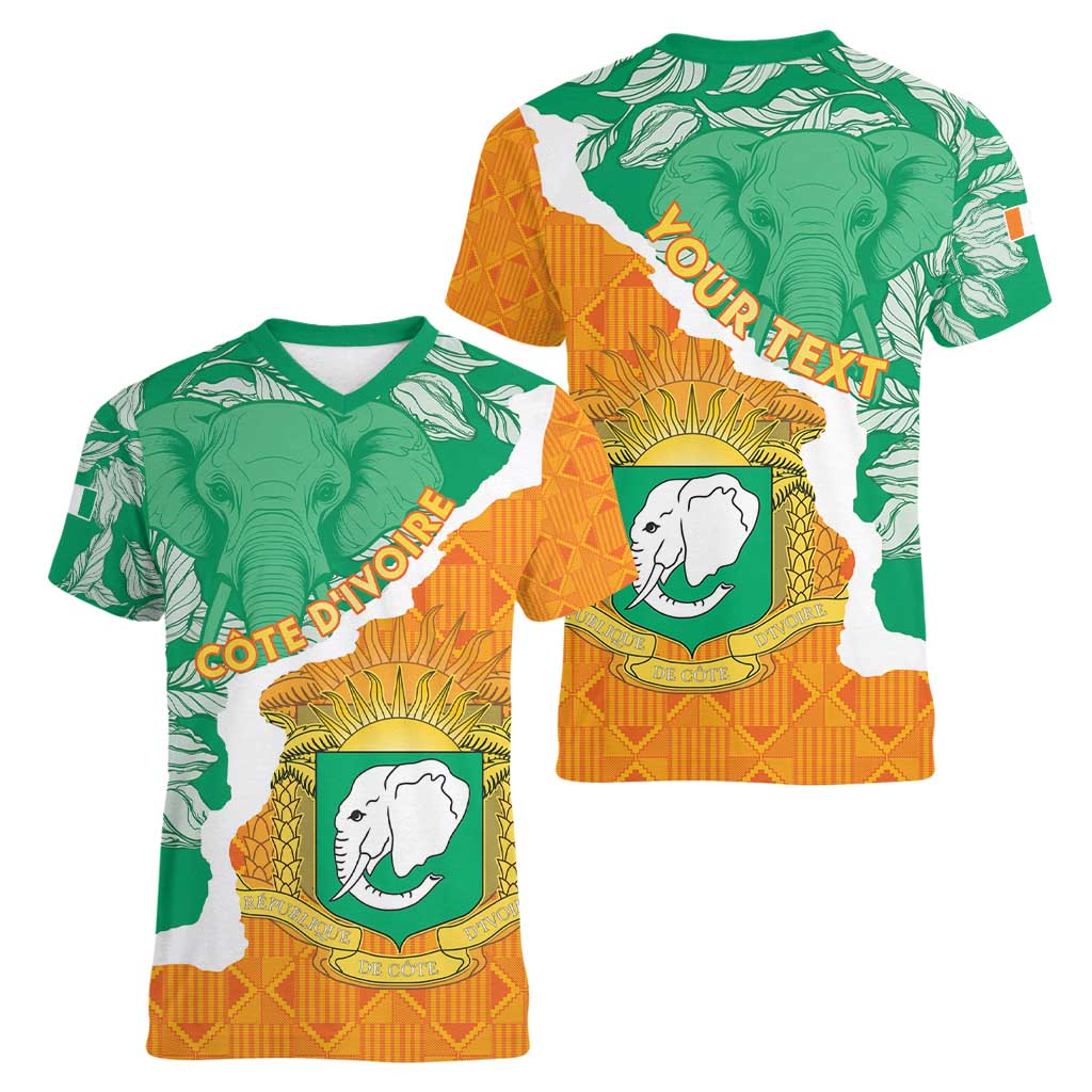 Personalised Ivory Coast Women V-Neck T-Shirt Elephant With Coat Of Arms - Wonder Print Shop