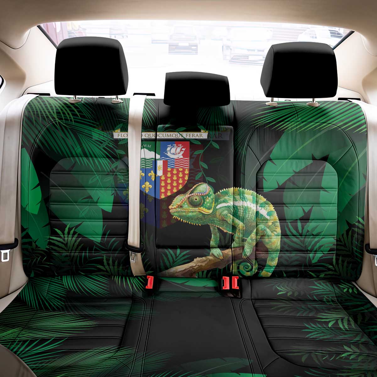 Reunion Island Back Car Seat Cover Furcifer Pardalis With Coat Of Arms