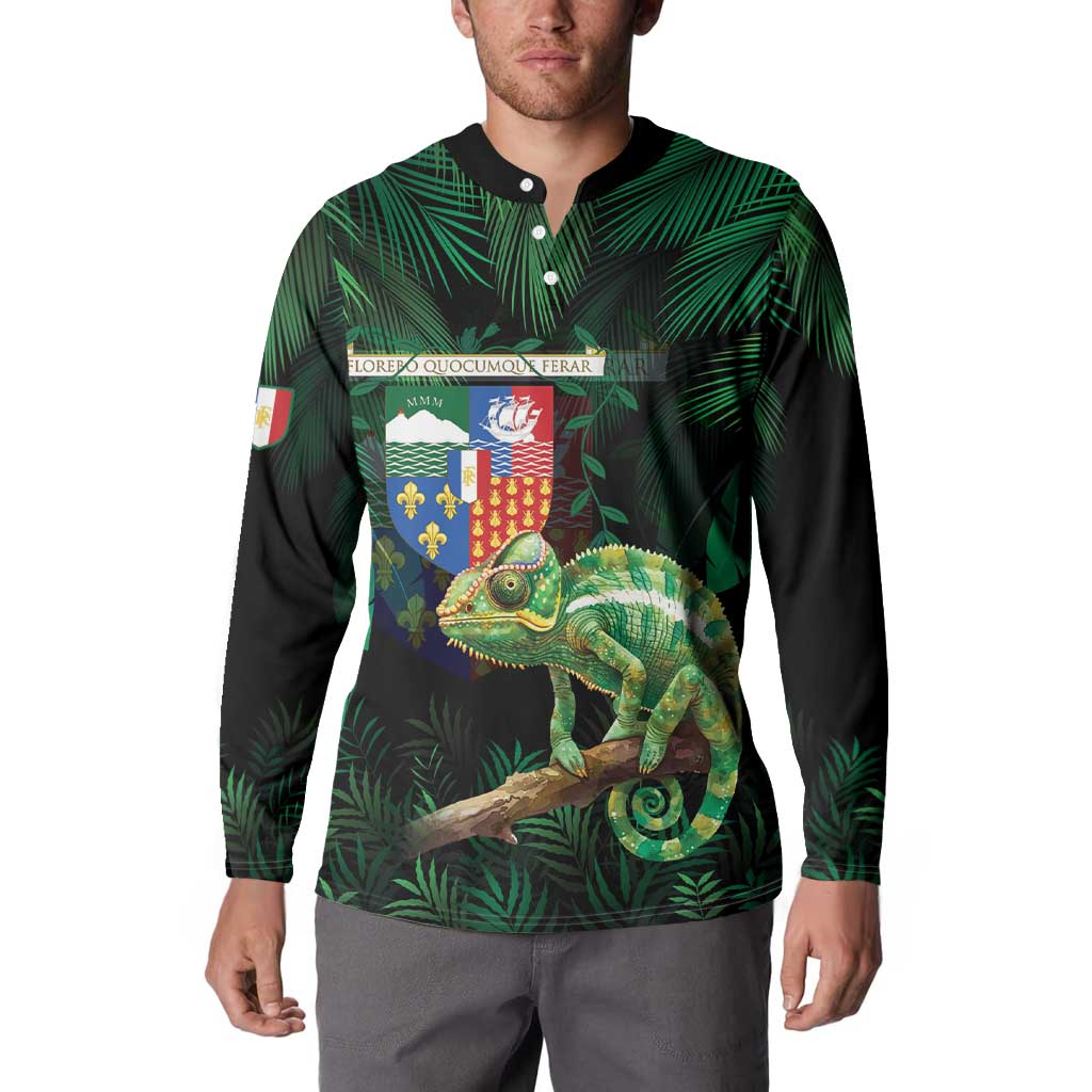 Reunion Island Button Sweatshirt Furcifer Pardalis With Coat Of Arms