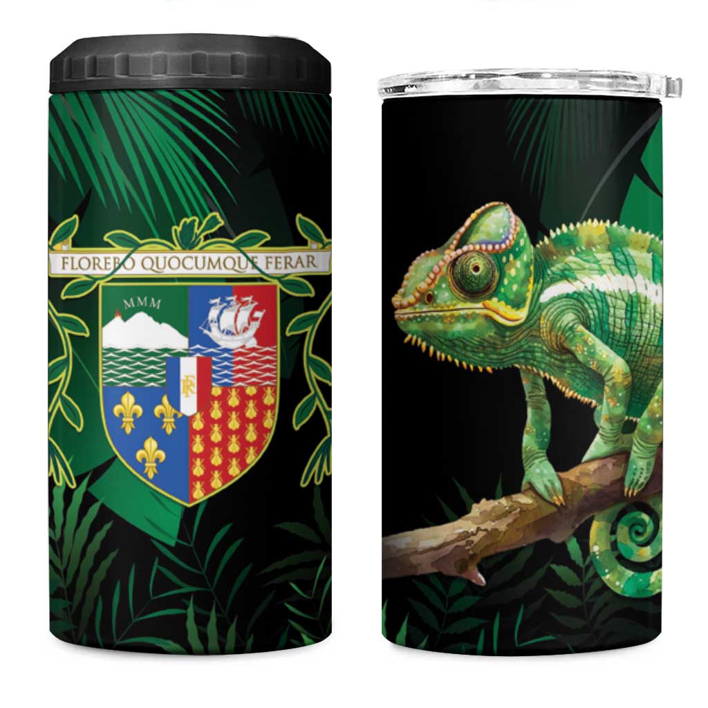 Reunion Island 4 in 1 Can Cooler Tumbler Furcifer Pardalis With Coat Of Arms