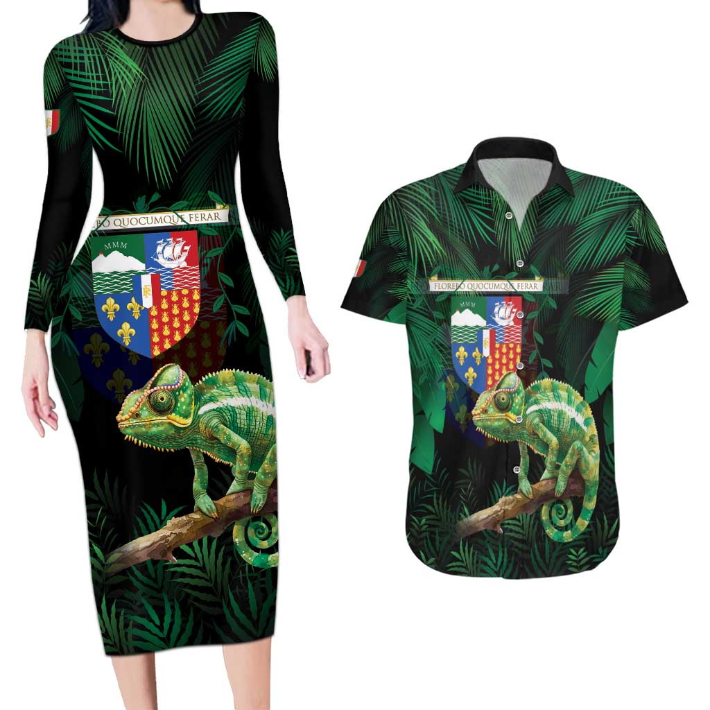 Reunion Island Couples Matching Long Sleeve Bodycon Dress and Hawaiian Shirt Furcifer Pardalis With Coat Of Arms