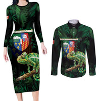 Reunion Island Couples Matching Long Sleeve Bodycon Dress and Long Sleeve Button Shirt Furcifer Pardalis With Coat Of Arms