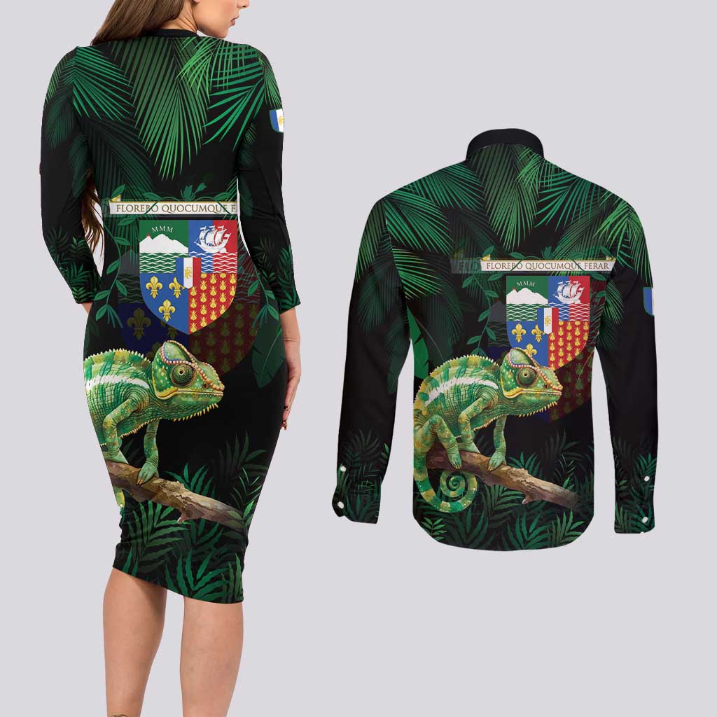 Reunion Island Couples Matching Long Sleeve Bodycon Dress and Long Sleeve Button Shirt Furcifer Pardalis With Coat Of Arms