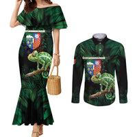 Reunion Island Couples Matching Mermaid Dress and Long Sleeve Button Shirt Furcifer Pardalis With Coat Of Arms