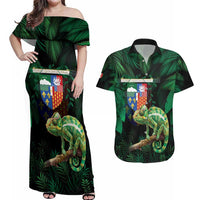 Reunion Island Couples Matching Off Shoulder Maxi Dress and Hawaiian Shirt Furcifer Pardalis With Coat Of Arms