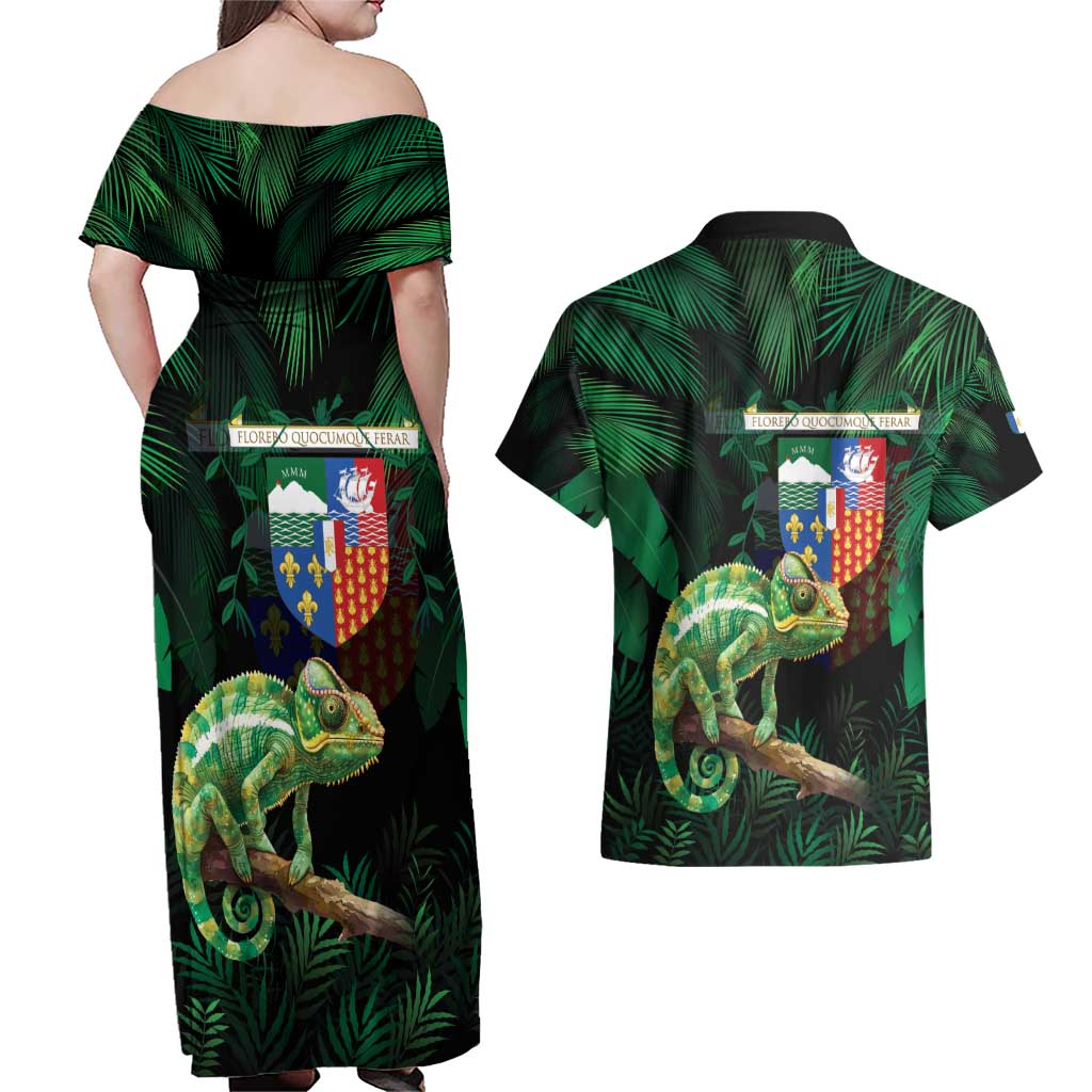 Reunion Island Couples Matching Off Shoulder Maxi Dress and Hawaiian Shirt Furcifer Pardalis With Coat Of Arms