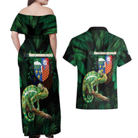 Reunion Island Couples Matching Off Shoulder Maxi Dress and Hawaiian Shirt Furcifer Pardalis With Coat Of Arms