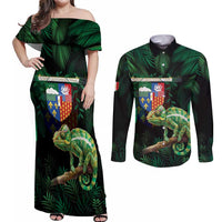 Reunion Island Couples Matching Off Shoulder Maxi Dress and Long Sleeve Button Shirt Furcifer Pardalis With Coat Of Arms