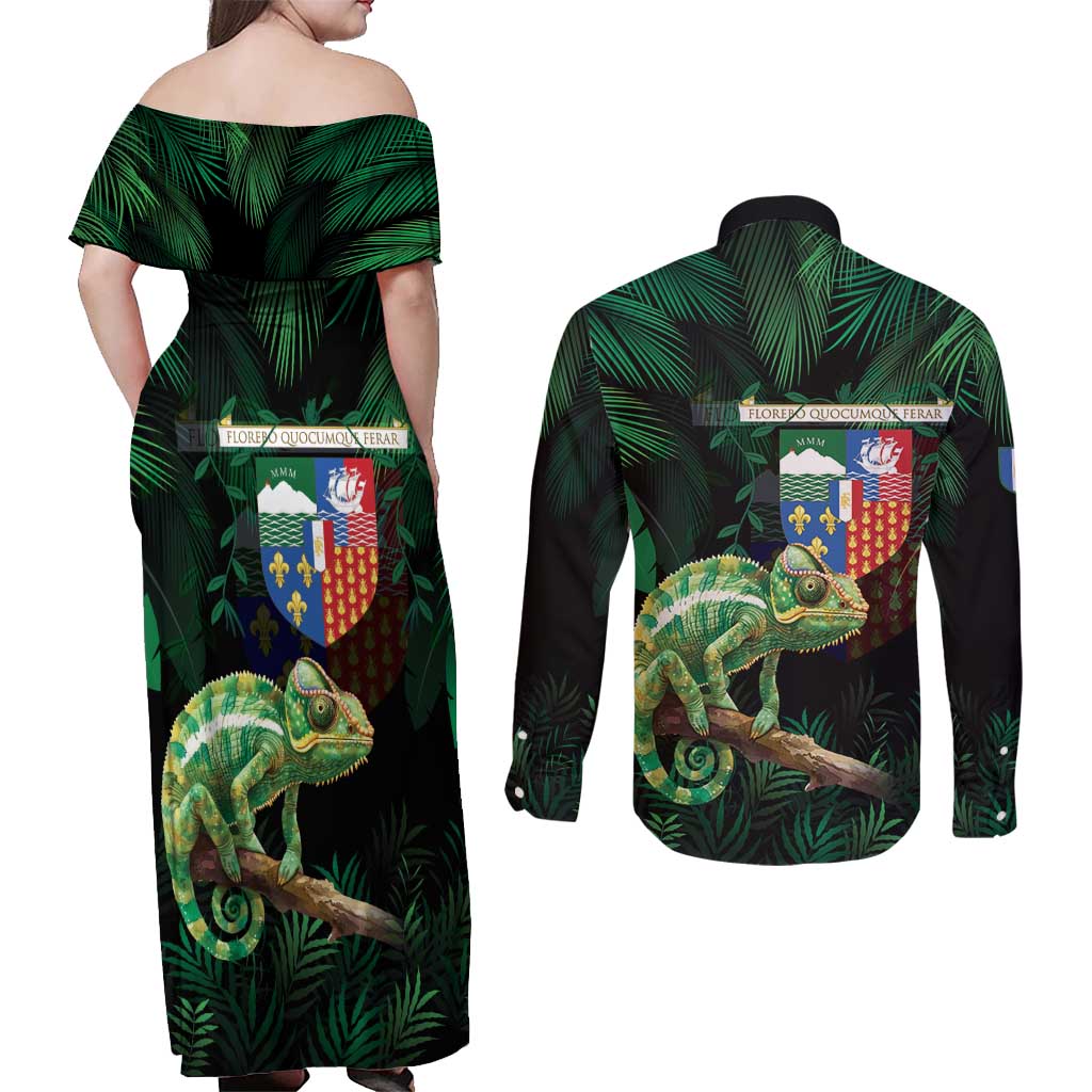Reunion Island Couples Matching Off Shoulder Maxi Dress and Long Sleeve Button Shirt Furcifer Pardalis With Coat Of Arms