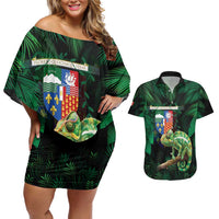 Reunion Island Couples Matching Off Shoulder Short Dress and Hawaiian Shirt Furcifer Pardalis With Coat Of Arms