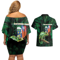 Reunion Island Couples Matching Off Shoulder Short Dress and Hawaiian Shirt Furcifer Pardalis With Coat Of Arms
