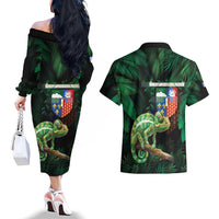 Reunion Island Couples Matching Off The Shoulder Long Sleeve Dress and Hawaiian Shirt Furcifer Pardalis With Coat Of Arms