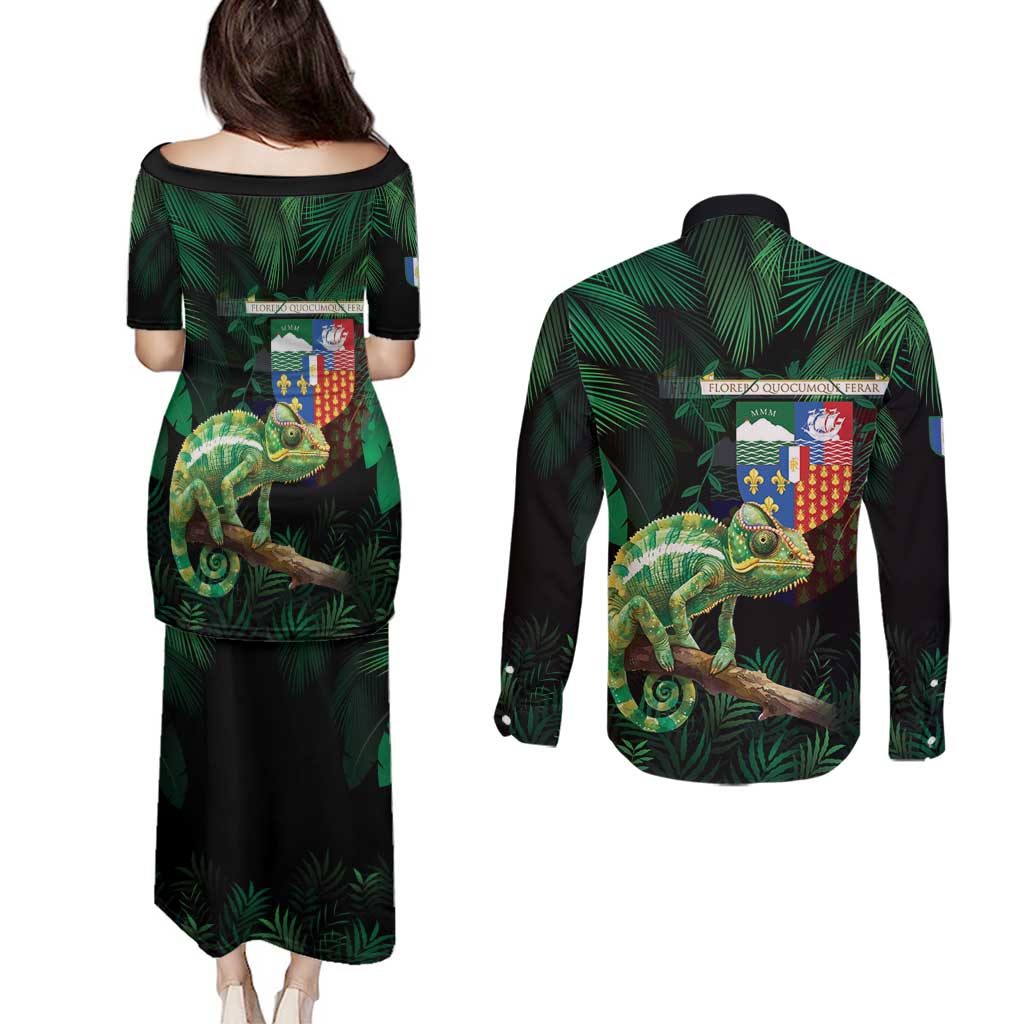 Reunion Island Couples Matching Puletasi and Long Sleeve Button Shirt Furcifer Pardalis With Coat Of Arms