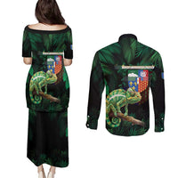 Reunion Island Couples Matching Puletasi and Long Sleeve Button Shirt Furcifer Pardalis With Coat Of Arms