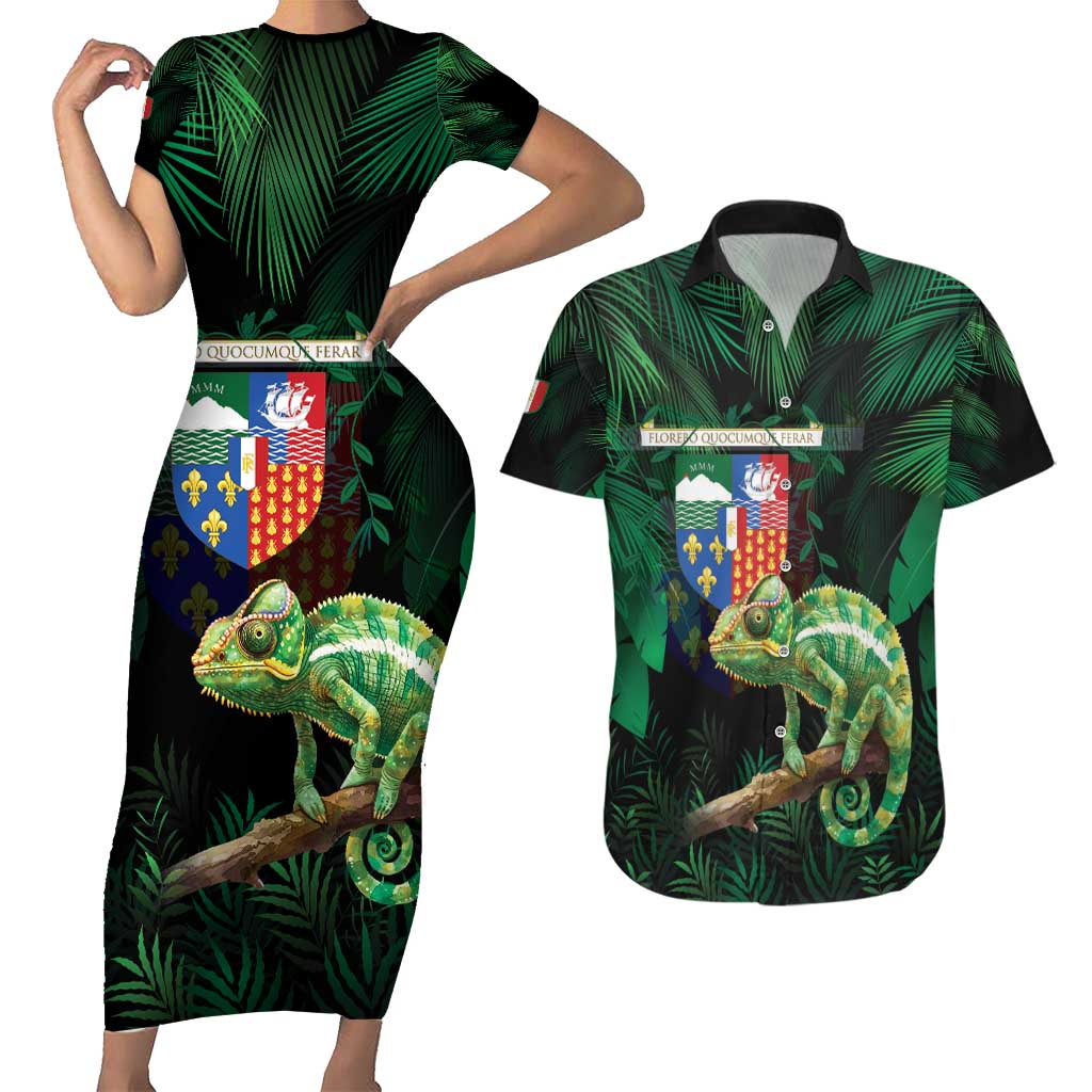 Reunion Island Couples Matching Short Sleeve Bodycon Dress and Hawaiian Shirt Furcifer Pardalis With Coat Of Arms