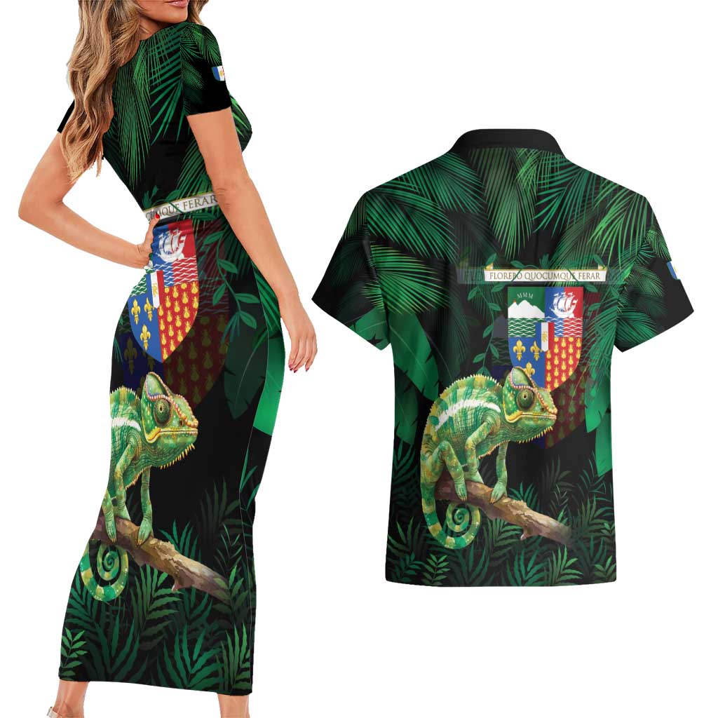 Reunion Island Couples Matching Short Sleeve Bodycon Dress and Hawaiian Shirt Furcifer Pardalis With Coat Of Arms