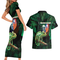 Reunion Island Couples Matching Short Sleeve Bodycon Dress and Hawaiian Shirt Furcifer Pardalis With Coat Of Arms