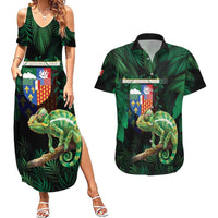 Reunion Island Couples Matching Summer Maxi Dress and Hawaiian Shirt Furcifer Pardalis With Coat Of Arms