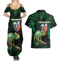 Reunion Island Couples Matching Summer Maxi Dress and Hawaiian Shirt Furcifer Pardalis With Coat Of Arms