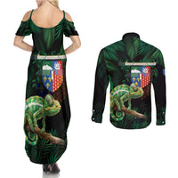 Reunion Island Couples Matching Summer Maxi Dress and Long Sleeve Button Shirt Furcifer Pardalis With Coat Of Arms