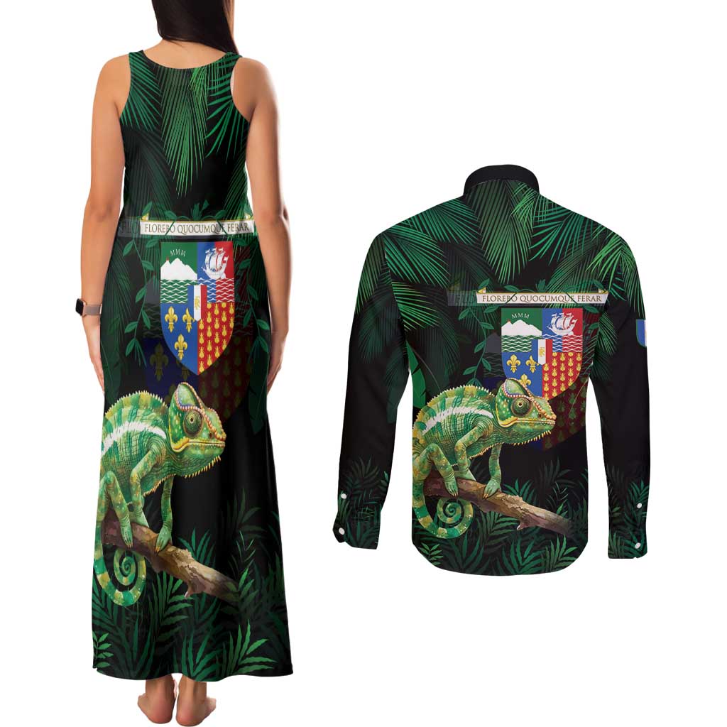 Reunion Island Couples Matching Tank Maxi Dress and Long Sleeve Button Shirt Furcifer Pardalis With Coat Of Arms