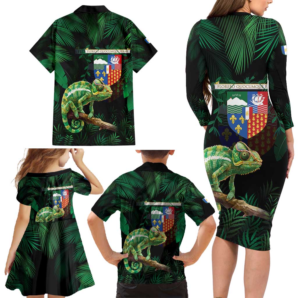 Reunion Island Family Matching Long Sleeve Bodycon Dress and Hawaiian Shirt Furcifer Pardalis With Coat Of Arms