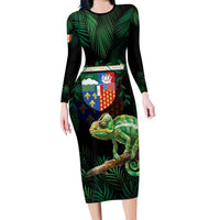 Reunion Island Family Matching Long Sleeve Bodycon Dress and Hawaiian Shirt Furcifer Pardalis With Coat Of Arms