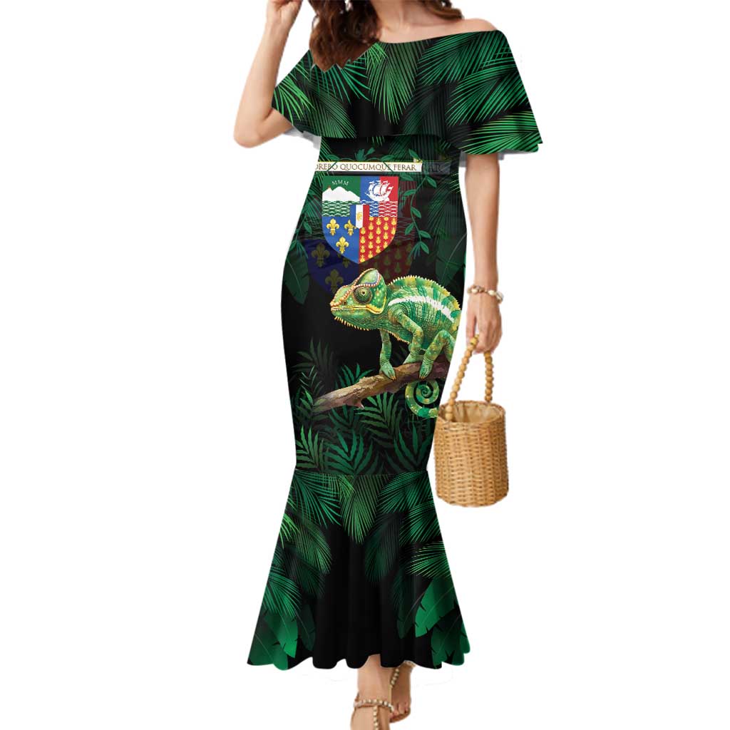 Reunion Island Family Matching Mermaid Dress and Hawaiian Shirt Furcifer Pardalis With Coat Of Arms