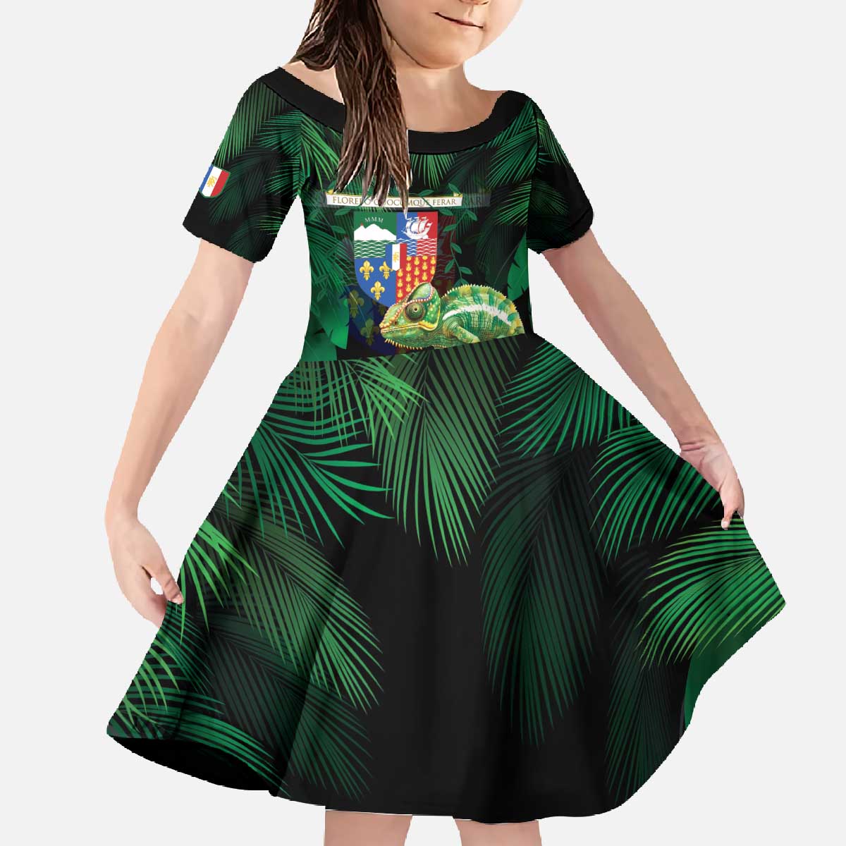 Reunion Island Family Matching Off The Shoulder Long Sleeve Dress and Hawaiian Shirt Furcifer Pardalis With Coat Of Arms