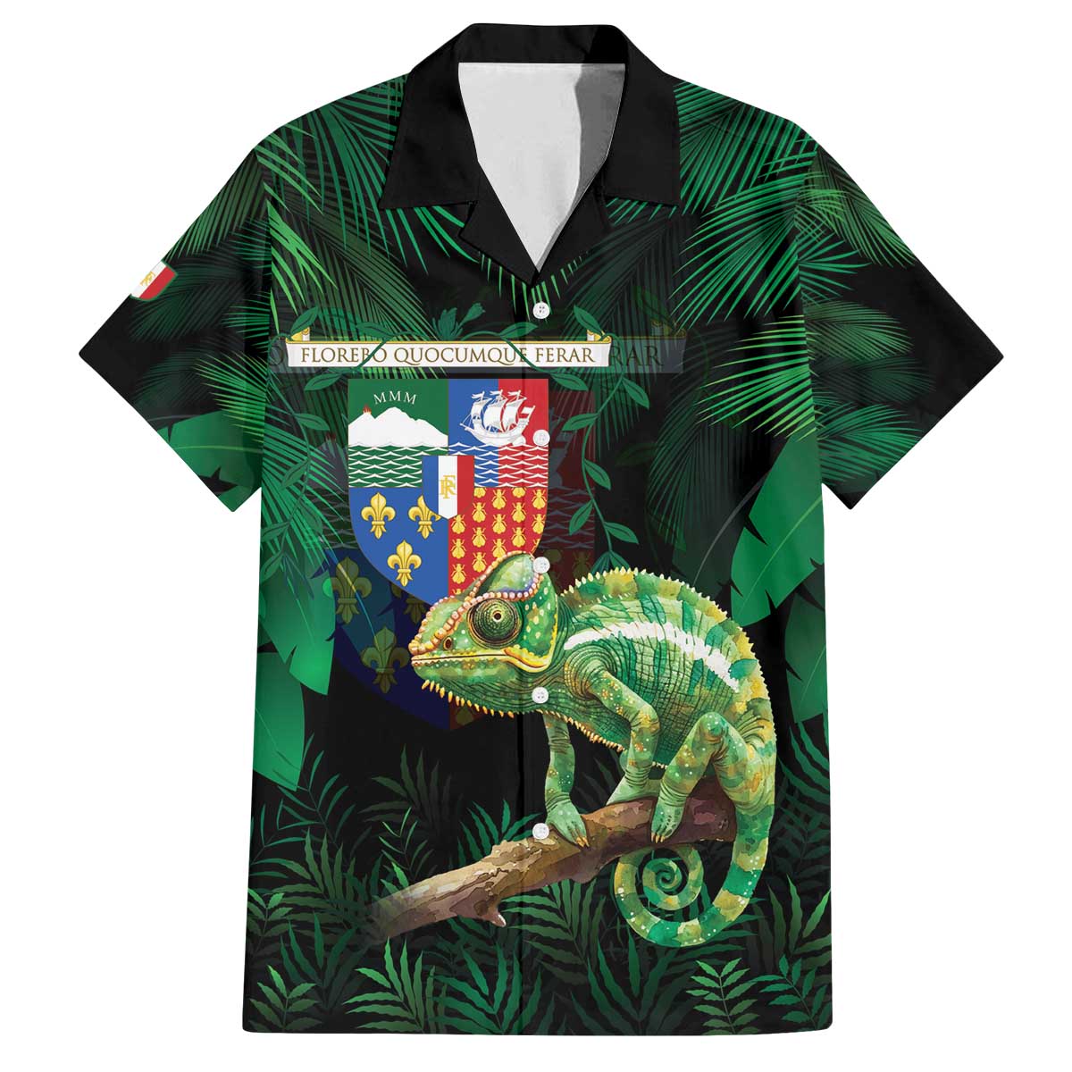 Reunion Island Family Matching Off The Shoulder Long Sleeve Dress and Hawaiian Shirt Furcifer Pardalis With Coat Of Arms