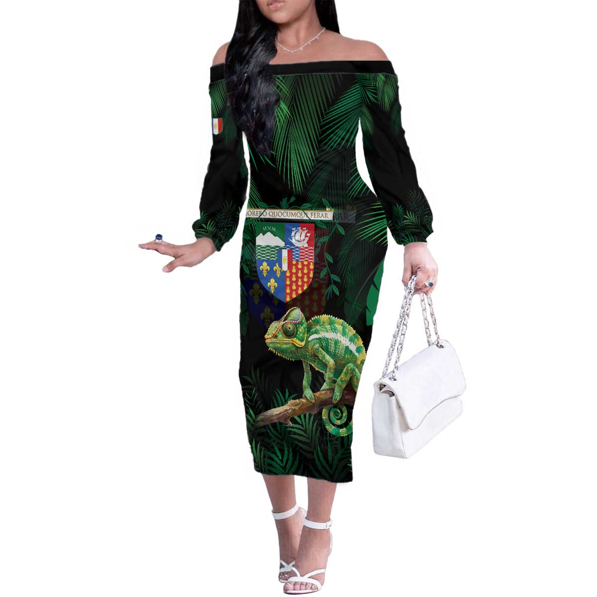 Reunion Island Family Matching Off The Shoulder Long Sleeve Dress and Hawaiian Shirt Furcifer Pardalis With Coat Of Arms