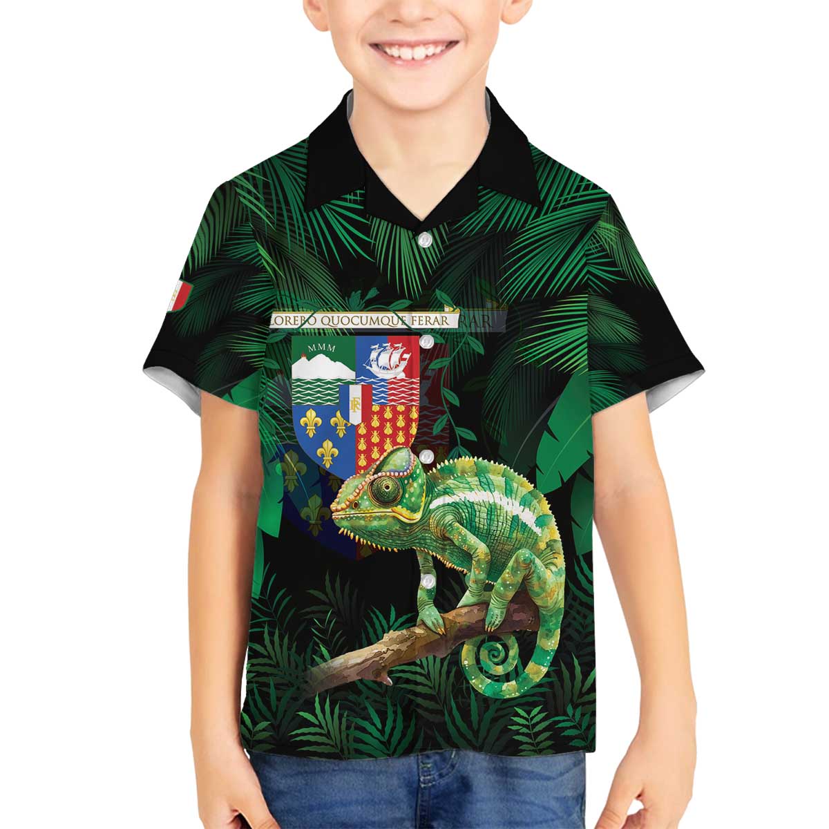 Reunion Island Family Matching Off The Shoulder Long Sleeve Dress and Hawaiian Shirt Furcifer Pardalis With Coat Of Arms