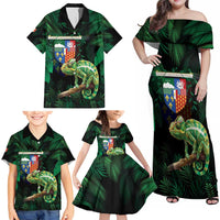 Reunion Island Family Matching Off Shoulder Maxi Dress and Hawaiian Shirt Furcifer Pardalis With Coat Of Arms