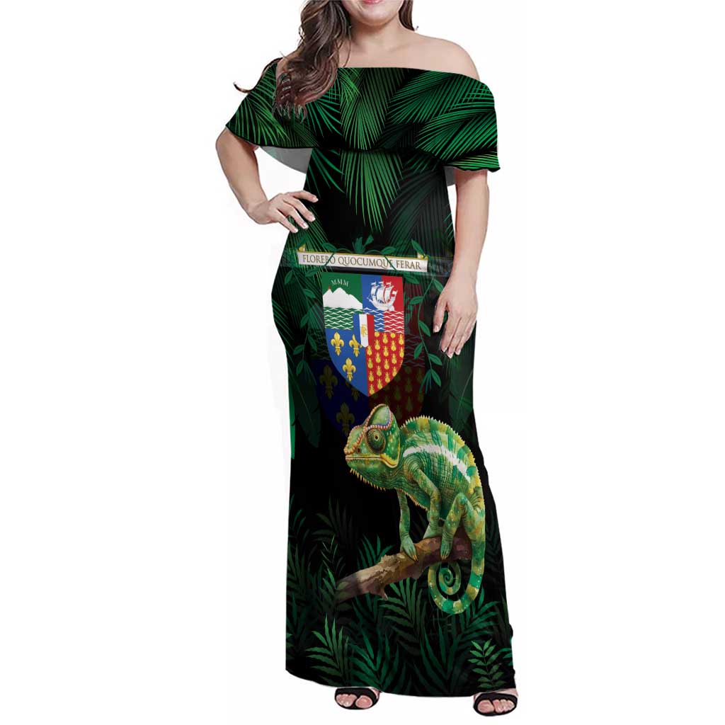 Reunion Island Family Matching Off Shoulder Maxi Dress and Hawaiian Shirt Furcifer Pardalis With Coat Of Arms