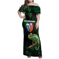 Reunion Island Family Matching Off Shoulder Maxi Dress and Hawaiian Shirt Furcifer Pardalis With Coat Of Arms
