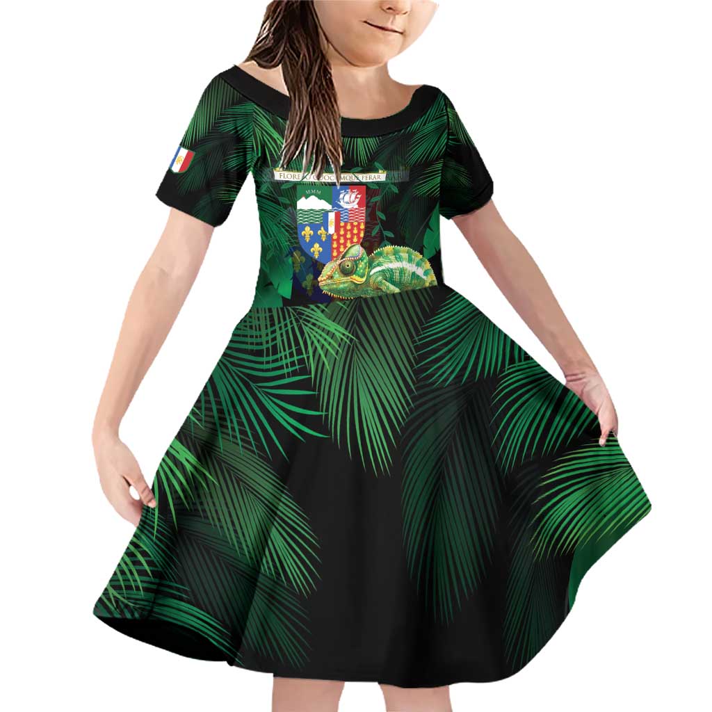 Reunion Island Family Matching Off Shoulder Short Dress and Hawaiian Shirt Furcifer Pardalis With Coat Of Arms