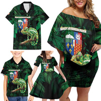 Reunion Island Family Matching Off Shoulder Short Dress and Hawaiian Shirt Furcifer Pardalis With Coat Of Arms