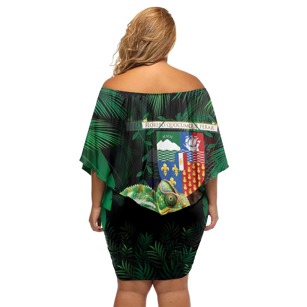 Reunion Island Family Matching Off Shoulder Short Dress and Hawaiian Shirt Furcifer Pardalis With Coat Of Arms