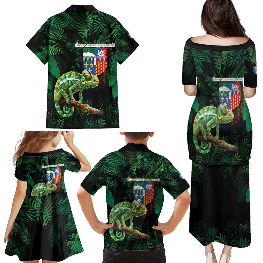 Reunion Island Family Matching Puletasi and Hawaiian Shirt Furcifer Pardalis With Coat Of Arms