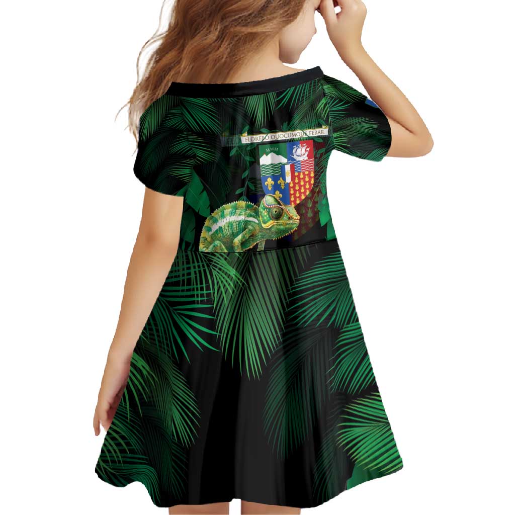 Reunion Island Family Matching Short Sleeve Bodycon Dress and Hawaiian Shirt Furcifer Pardalis With Coat Of Arms