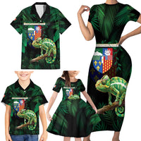 Reunion Island Family Matching Short Sleeve Bodycon Dress and Hawaiian Shirt Furcifer Pardalis With Coat Of Arms
