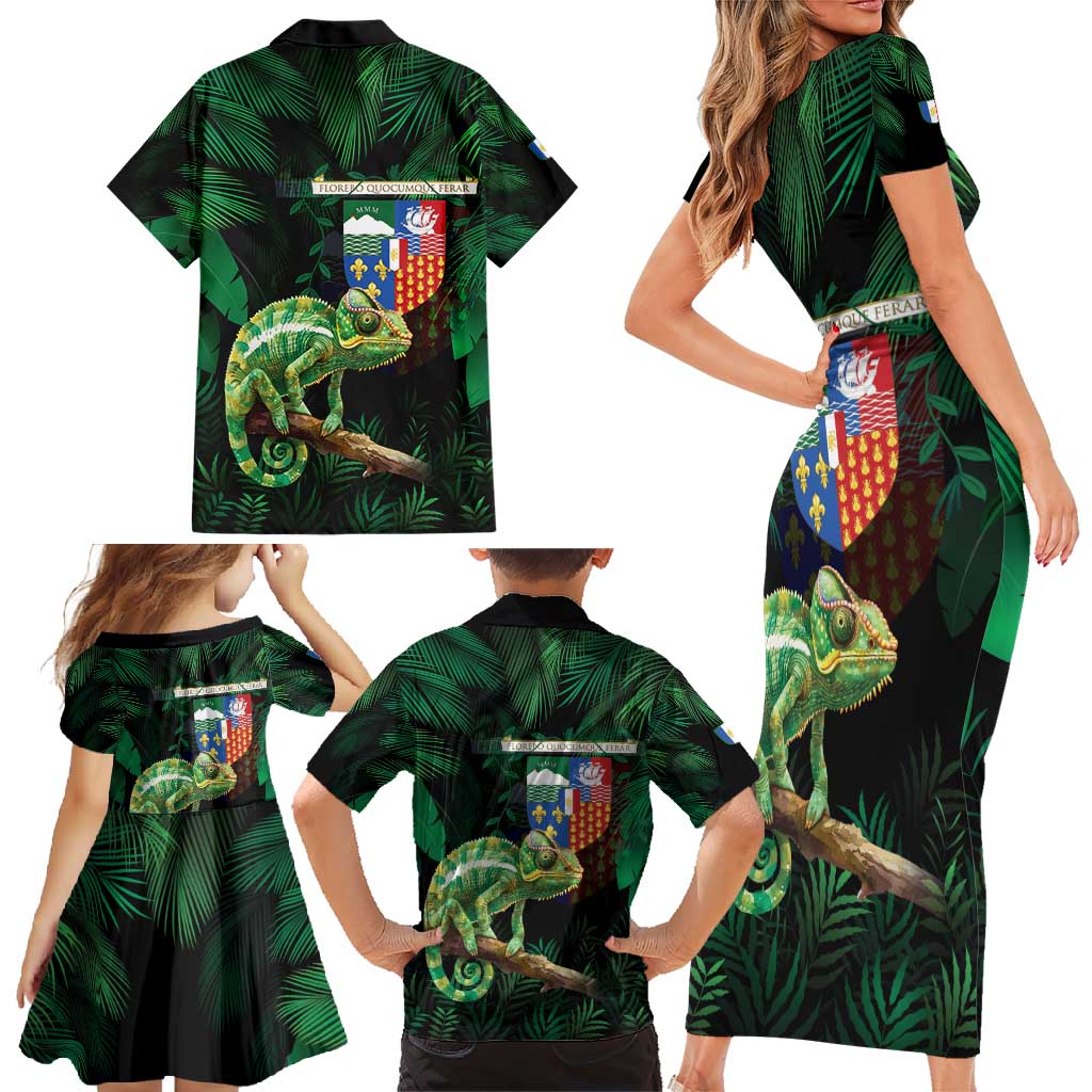 Reunion Island Family Matching Short Sleeve Bodycon Dress and Hawaiian Shirt Furcifer Pardalis With Coat Of Arms