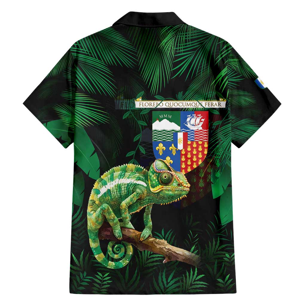 Reunion Island Family Matching Short Sleeve Bodycon Dress and Hawaiian Shirt Furcifer Pardalis With Coat Of Arms