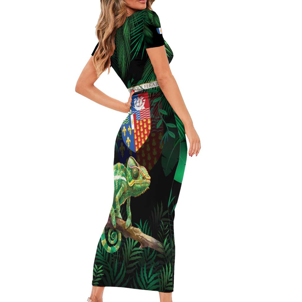 Reunion Island Family Matching Short Sleeve Bodycon Dress and Hawaiian Shirt Furcifer Pardalis With Coat Of Arms
